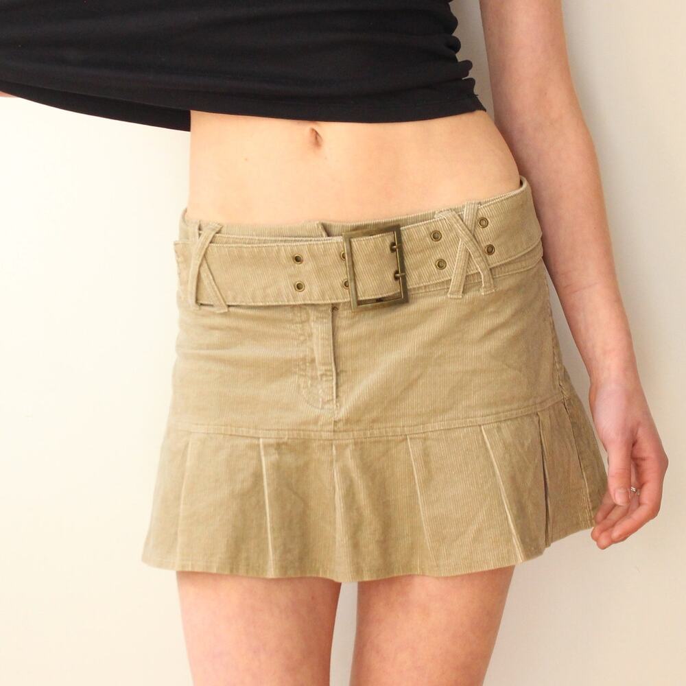 PMK Basic Y2K Tan Corduroy Pleated Mini Skirt (French Vintage)